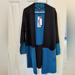 Max Sports Black and Teal Colorblock Open Front Cardigan with Pockets - M